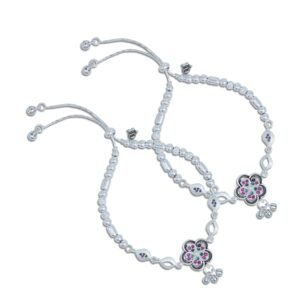 Multiple Gemstone Silver Flower Design Anklets with Ghungroo - Image 2