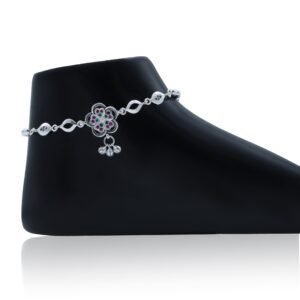 Multiple Gemstone Silver Flower Design Anklets with Ghungroo - Image 3